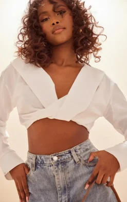 White Satin Bardot Twist Front Crop Blouse