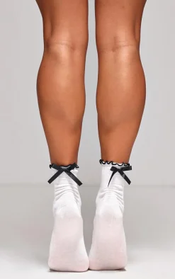 White Satin Bow Lettuce Trim Ankle Socks