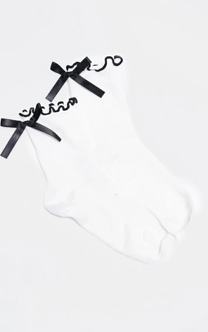 White Satin Bow Lettuce Trim Ankle Socks