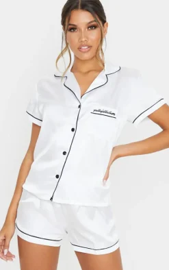 White Satin Contrast Piping Short Pj Set