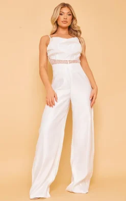White Satin Cowl Lace Insert Strappy Jumpsuit