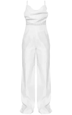 White Satin Cowl Lace Insert Strappy Jumpsuit