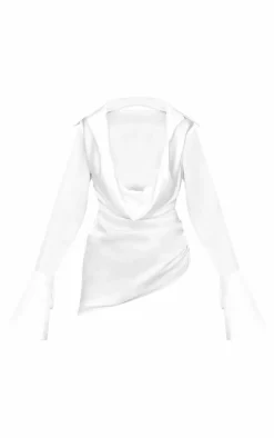 White Satin Cowl Neck Asymmetric Shirt