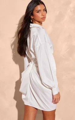 White Satin Drape Skirt Oversized Sleeve Shirt Dress