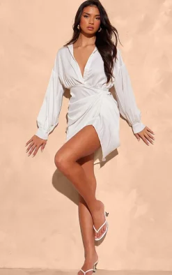 White Satin Drape Skirt Oversized Sleeve Shirt Dress