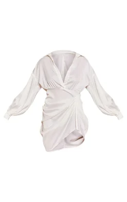 White Satin Drape Skirt Oversized Sleeve Shirt Dress