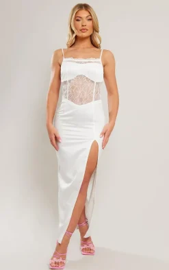 White Satin Lace Insert Strappy Split Detail Midaxi Dress