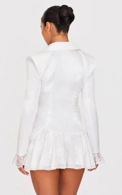 White Satin Lace Trim Bow Blazer Dress