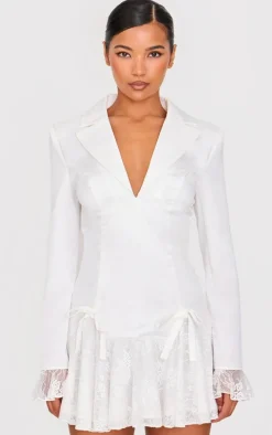 White Satin Lace Trim Bow Blazer Dress