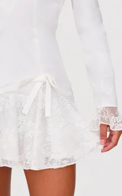 White Satin Lace Trim Bow Blazer Dress