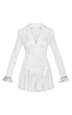 White Satin Lace Trim Bow Blazer Dress