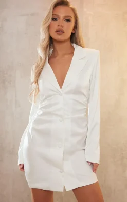 White Satin Lace Up Back Detail Blazer Dress