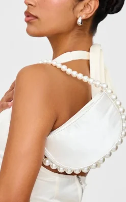 White Satin Pearl Detail Mini Crescent Handbag