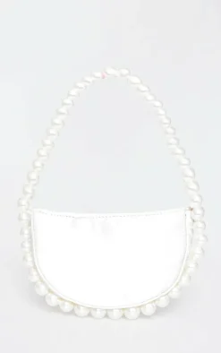 White Satin Pearl Detail Mini Crescent Handbag