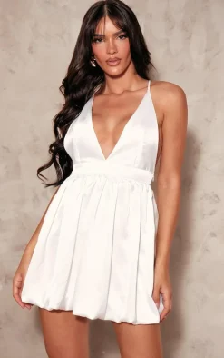 White Satin Plunge Puffball Mini Dress