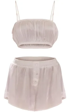 White Satin Ruched Bralet And Short PJ Set