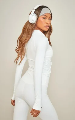 White Sculpt Pocket Front Double Zip Up Jacket