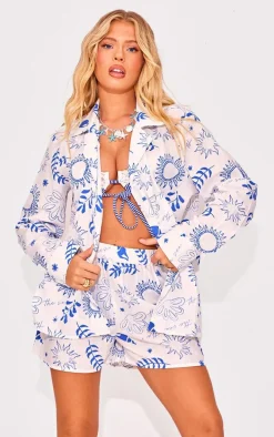 White Sea Print Oversized Long Sleeve Beach Shirt