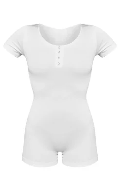 White Seamless Button Detail Short Sleeve Unitard