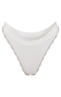 White Seamless Rib Lace Trim Thong