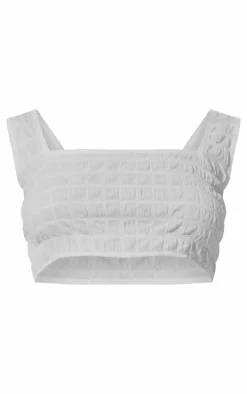 White Seersucker Texture Square Neck Crop Top