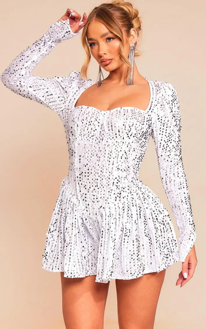 White Sequin Cup Detail Long Sleeve Skater Romper