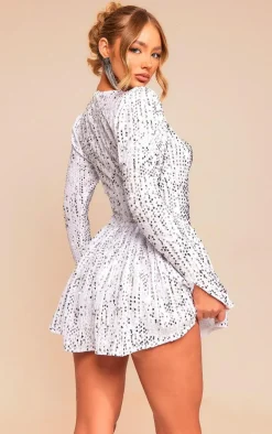 White Sequin Cup Detail Long Sleeve Skater Romper