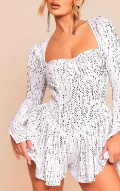 White Sequin Cup Detail Long Sleeve Skater Romper
