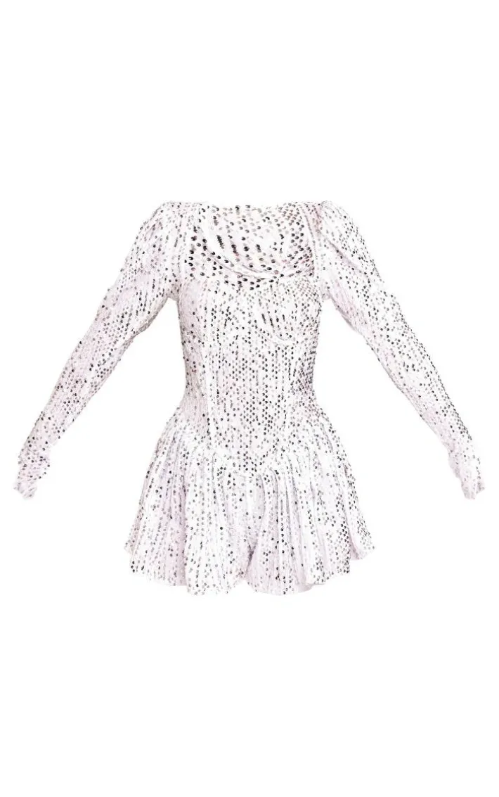 White Sequin Cup Detail Long Sleeve Skater Romper