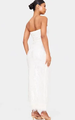 White Sequin Faux Feather Maxi Dress
