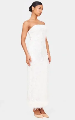 White Sequin Faux Feather Maxi Dress