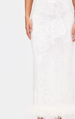 White Sequin Faux Feather Maxi Dress