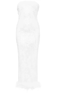 White Sequin Faux Feather Maxi Dress