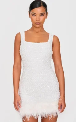 White Sequin Scoop Neck Feather Hem Shift Dress