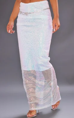White Sequin Split Back Detail Midaxi Skirt