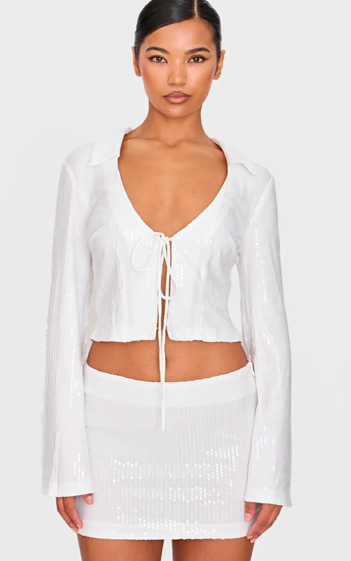 White Sequin Tie Front Detail Long Sleeve Shirt