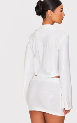 White Sequin Tie Front Detail Long Sleeve Shirt