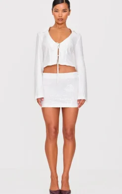 White Sequin Tie Front Detail Long Sleeve Shirt
