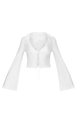 White Sequin Tie Front Detail Long Sleeve Shirt