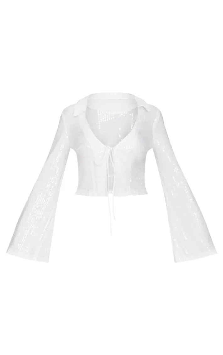 White Sequin Tie Front Detail Long Sleeve Shirt