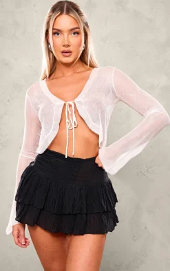 White Sheer Chrome Knit Tie Front Cardigan