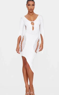 White Sheer Cut Out Long Sleeve Midi Dress