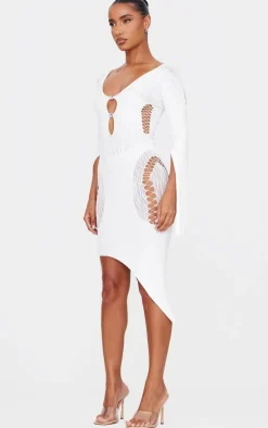 White Sheer Cut Out Long Sleeve Midi Dress