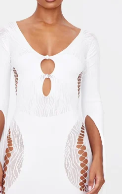 White Sheer Cut Out Long Sleeve Midi Dress