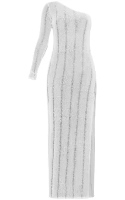 White Sheer Distressed One Shoulder Split Maxi Dress