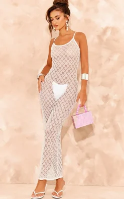 White Sheer Glitter Knit Strappy Maxi Dress