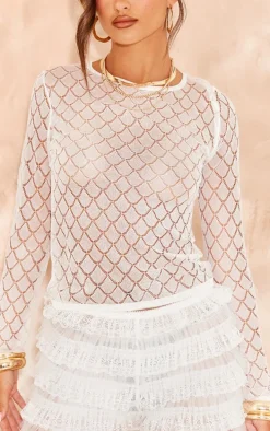 White Sheer Glitter Knit Long Sleeve Top