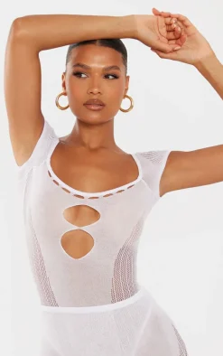 White Sheer Knit Cut Out Panelled Bodysuit