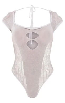 White Sheer Knit Cut Out Panelled Bodysuit
