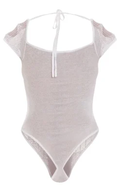 White Sheer Knit Cut Out Panelled Bodysuit